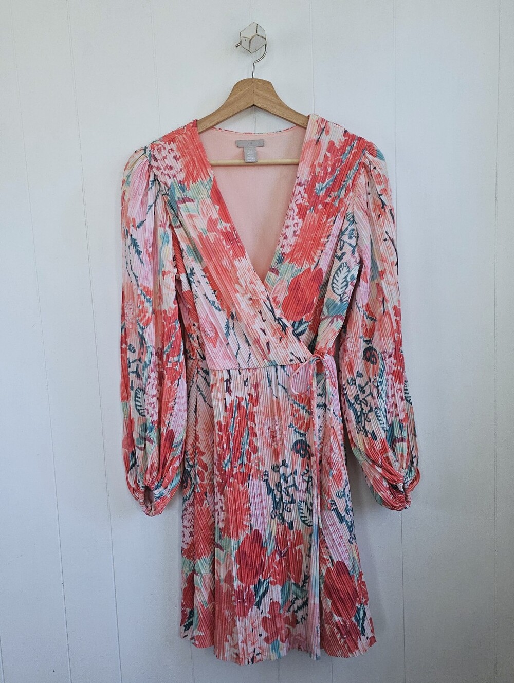 H&M Coral Floral Pleated Wrap Dress